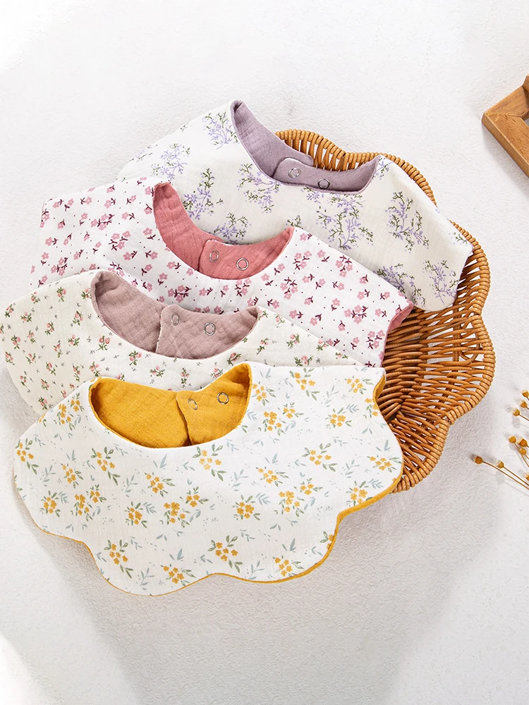 Bavoirs en mousseline de coton épais pour bébé 6 couches 306 ° AB Double face fleur col rond salive serviette impression alimentation rot tissus Banadna