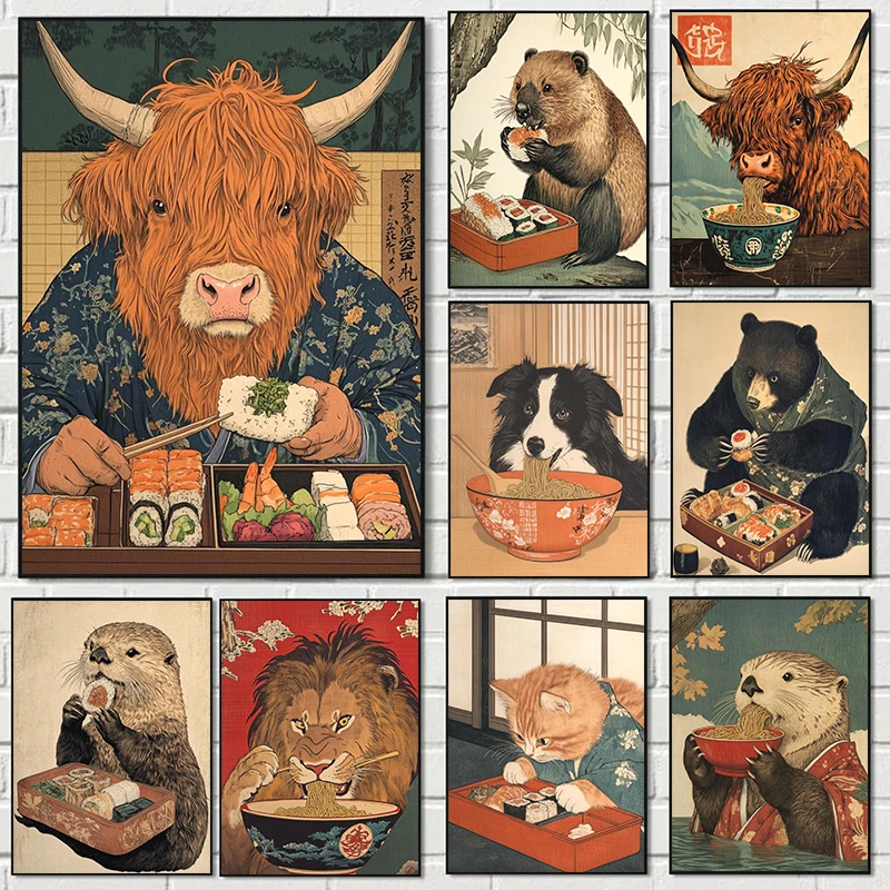 Póster con ilustración de comida de Sushi, carteles, pinturas en lienzo, imágenes artísticas de pared, decoración del hogar, Animal Retro japonés, gato, León, vaca, comiendo Ramen