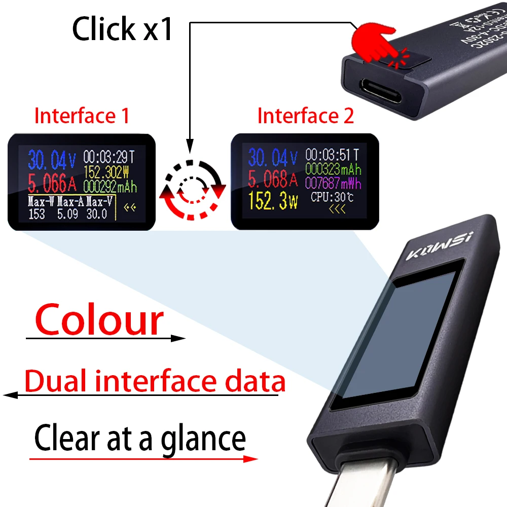 11 in 1 color C-type tester current and voltage module ammeter power module charging DC digital module watt meter 0-12A module