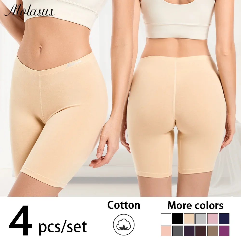 

Molasus 4Pcs/Set Cotton Boxer Briefs Sports Shorts Women's Panties Mid High Waist Tummy Hips Safety Pants Slim Shaping Underwear