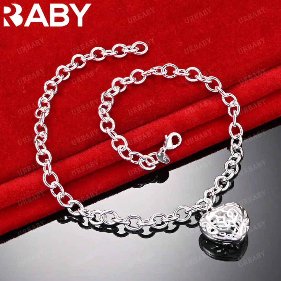 

URBABY 925 Sterling Silver Hollow Heart Chain Necklace For Women Fashion Jewelry Romantic Engagement Wedding Anniversary Gift
