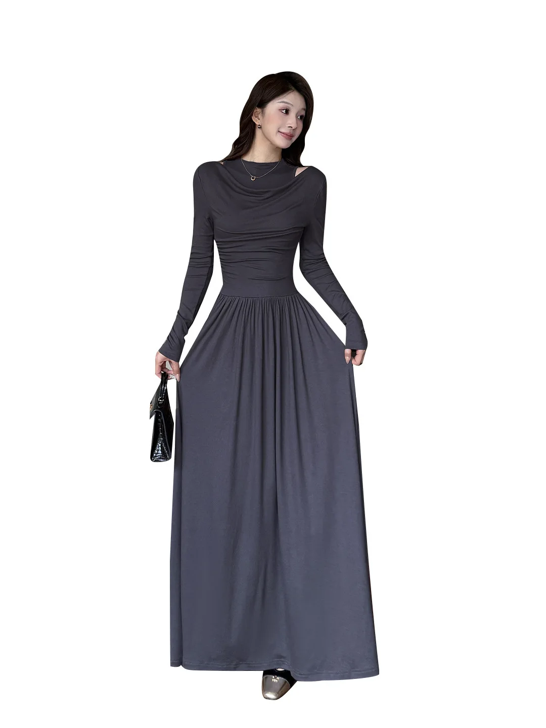 프렌치 스타일 투피스 그레이 오프숄더 드레스 여성 봄 가을 컷아웃 A라인 미디 드레스 우아한 솔리드 플레어 스커트 오피스룩