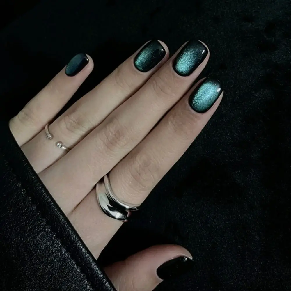 24pcs/box Cat Eye Manicure Press on Nails Reusable Glitter Full Cover Fake Nails Short Stick on Nails DIY Nails Art