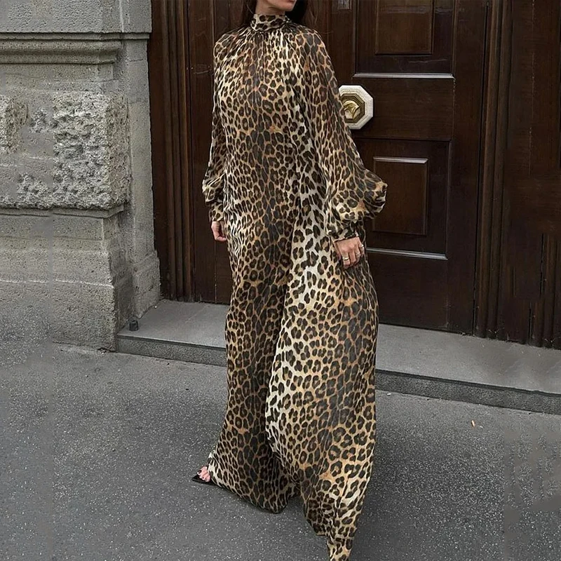 

Ellafads Women Maxi Dress Women Cloting Autumn Casual Long Sleeve Round Neck Leopard Printed Loose Long Dresses Streetwear