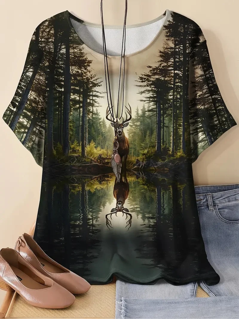 

Женская футболка больших размеров с 3D принтом оленей и короткими рукавами, свободная и повседневная, мягкая, удобная и дышащая, для занятий спортом на открытом воздухе