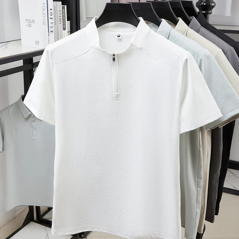 Herren Kurzarm-Poloshirts mit Halbem Reißverschluss und Stehkragen Lässige Sommer-Oberteile Leichte Atmungsaktive Hemden für Männer – Detail 19