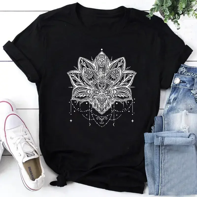 Plus Size Casual T-shirt Women's Plus Mandala Print Short Sleeve Round Neck Slight Stretch T-shirt