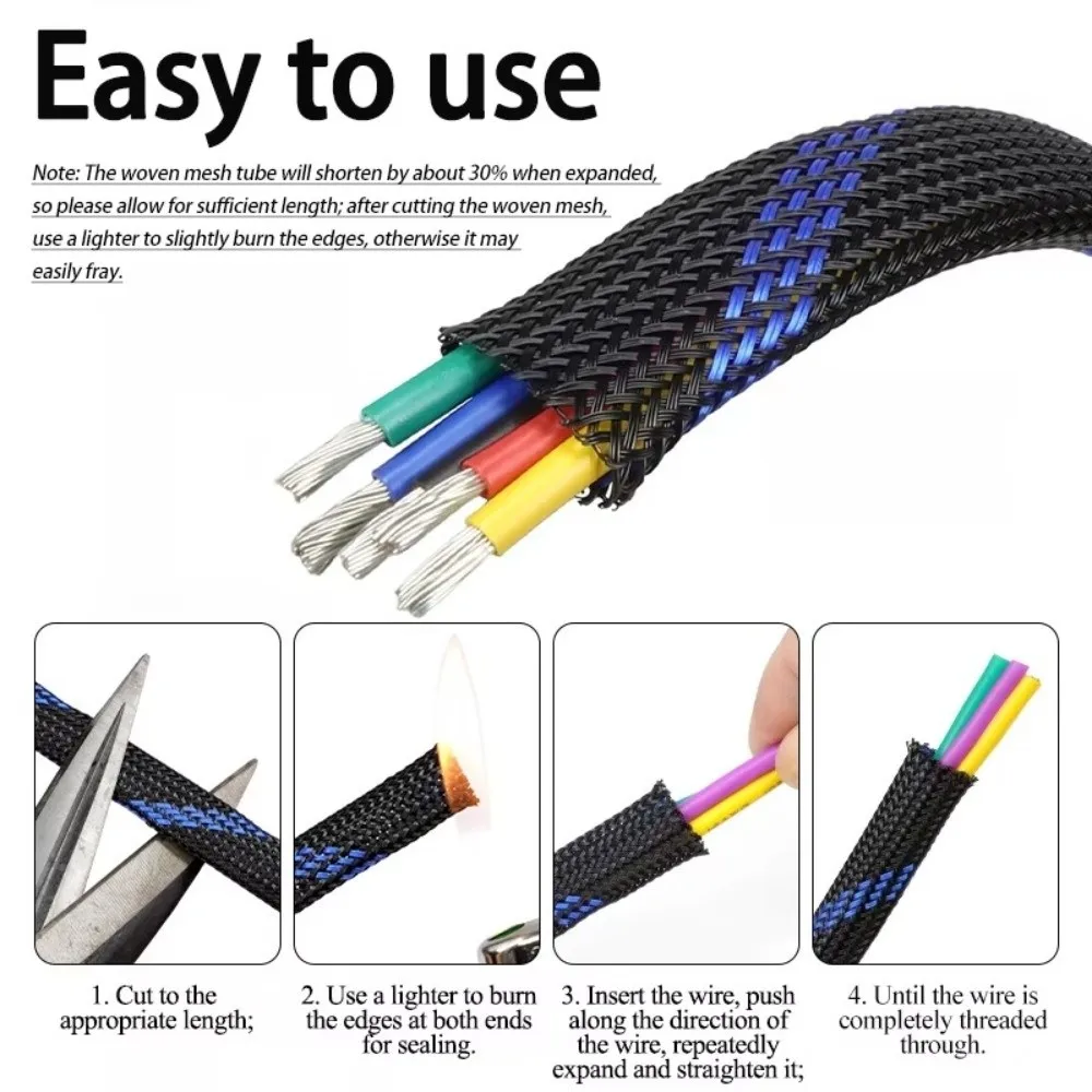 PET Braided Cable Sleeve Flame Retardant Expandable Braided Structure Wire Management Sleeve Insulated Flexible PC Case Wiring