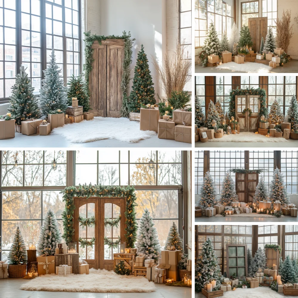 

Rustic Wood Double Door Christmas Backdrop Frosted Pine Garland Pine Tree Natural Gift Box Warm Candle Shoot Background