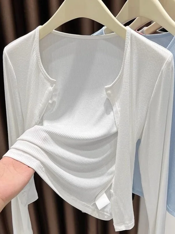 White Knitted Summer Lightweight Sun Protection Cardigan Shawl Outerwear 2025 New Strap Dress Air Conditioning Shirt Coat