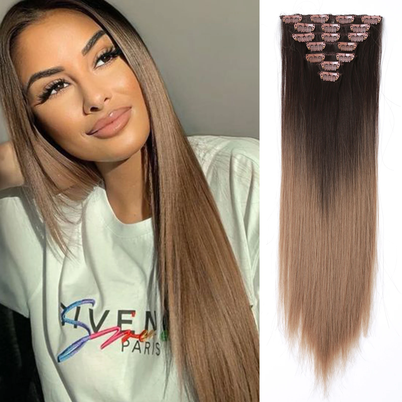 

Synthetic Straight Clip In Hair Extension Long Natural Fake Hair for Women Black Brown Ombre Thick Hairpieces Heat Resistant