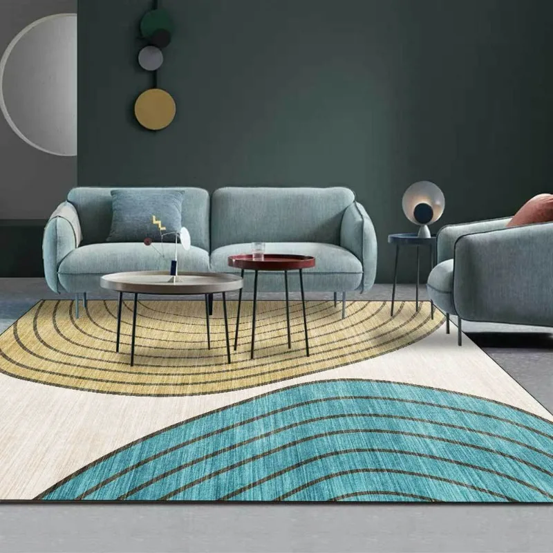 

New Modern Nordic Minimalist Blue and Yellow Stripes Curved Geometric Living Room Bedroom Bedside Carpet Floor Mat Tapis