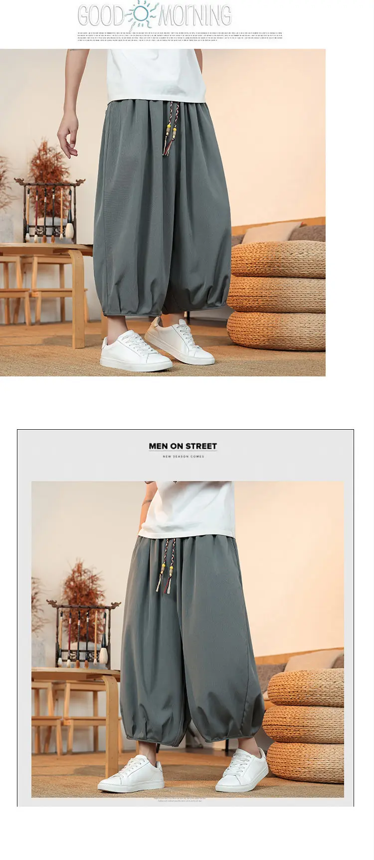 Sommerliche, atmungsaktive Sweatshirt-Hose für Herren, Eisseide, Leinenimitat, lockere, lässige, coole, kurze Hose im chinesischen Stil – Detail 9