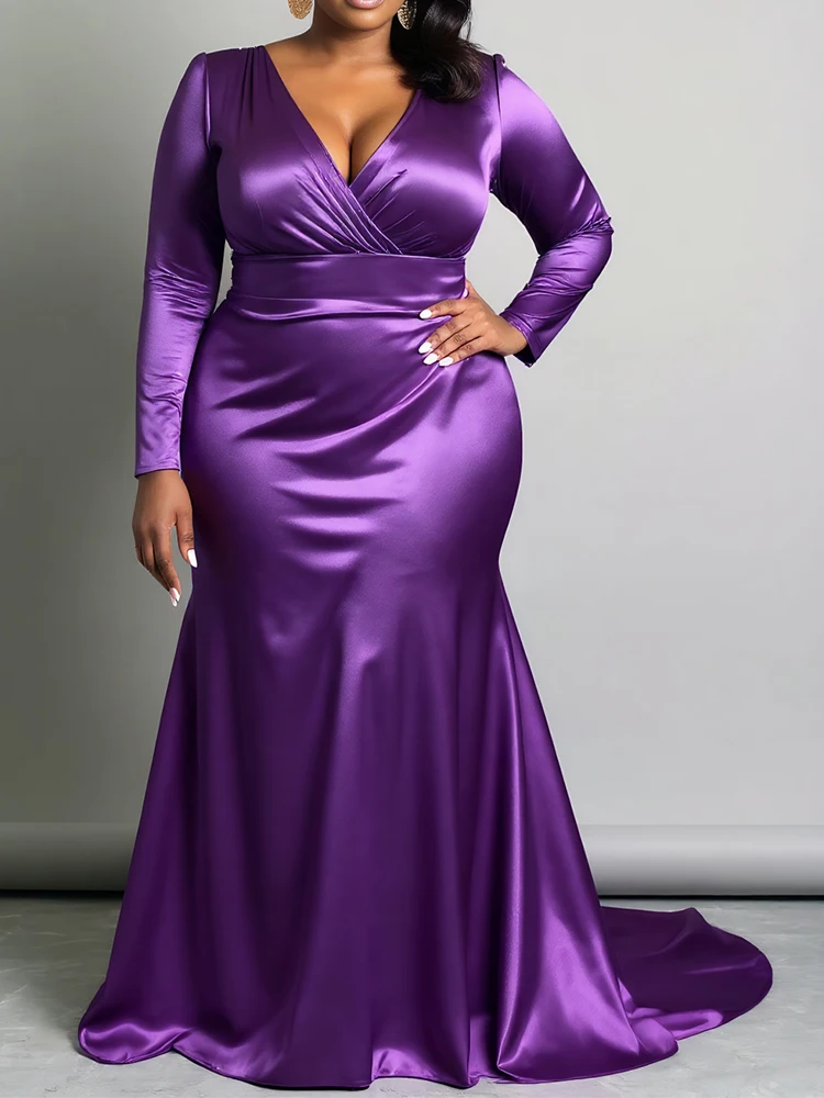 Robe grande taille pour femmes, Sexy, col en v, manches longues, froncée, soirée, Cocktail, Maxi, robe d'invitées de mariage