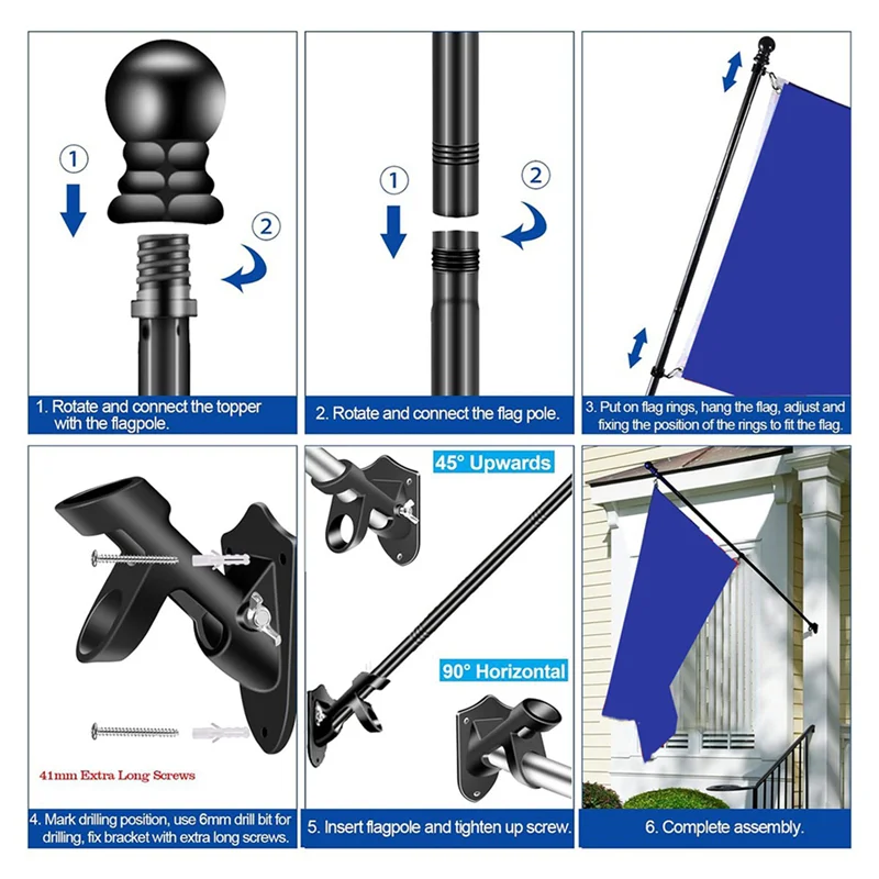 A02M-2X Flag Pole Set For House Porch, 6 FT Thickened Stainless Steel Wall Mount Flagpole Rotating Flagpole Rings No Bracket