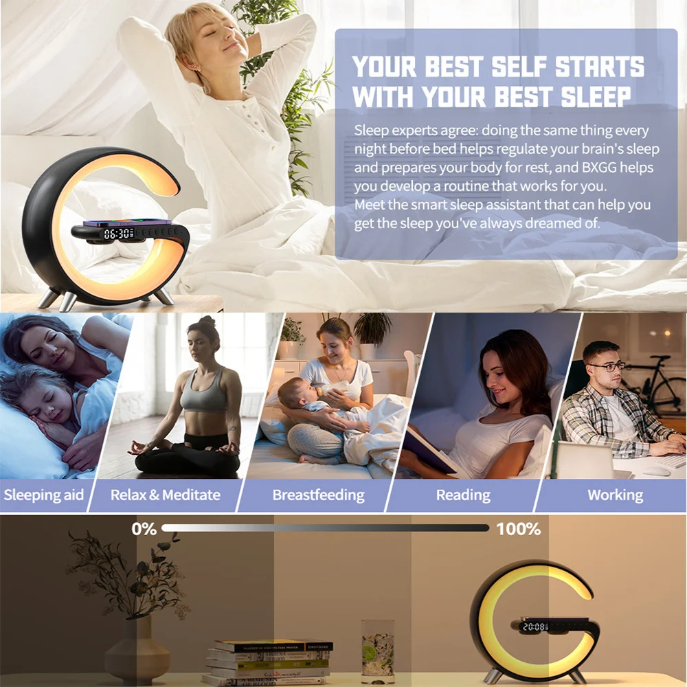 Multifunctional Wireless Charger Alarm Clock Table Lamp Speaker APP Control Night Light Bluetooth RGB Atmosphere Wake Up Light