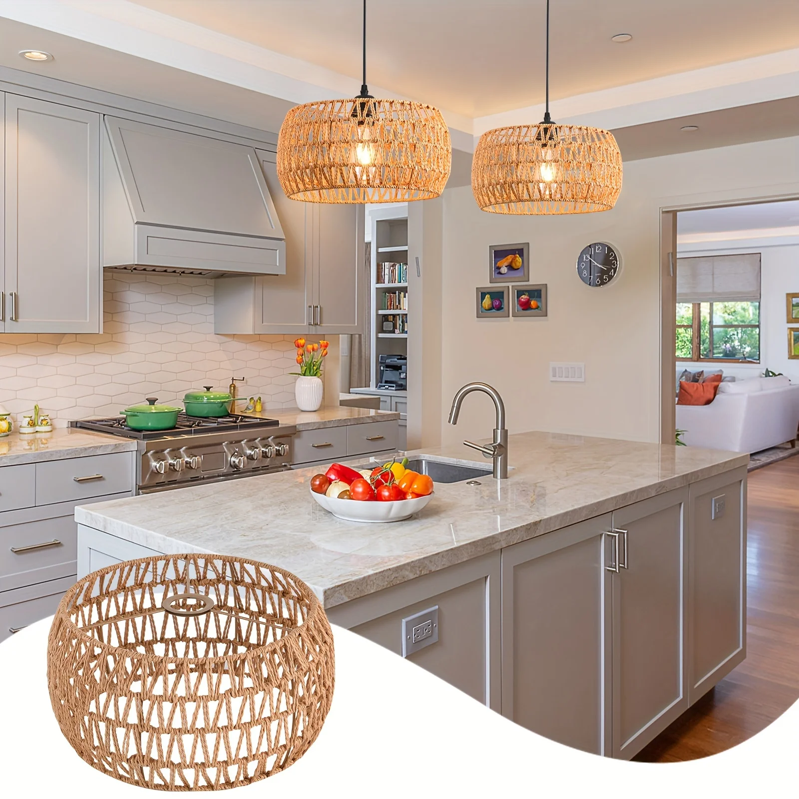 Rustic Braided Rope Lampshade Pendant Lights Handmade Bamboo Rattan Wicker Hanging Lamp for Kitchen Living Room Bedroom Corridor