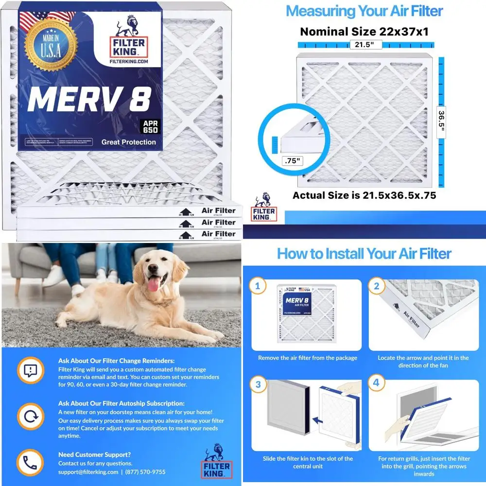 

Воздушные фильтры плиссированные HVAC 22x37x1 MERV 8 Фильтры для печей переменного тока, 12 шт., сделано в США, настоящий размер 21,5x36,5x0,7