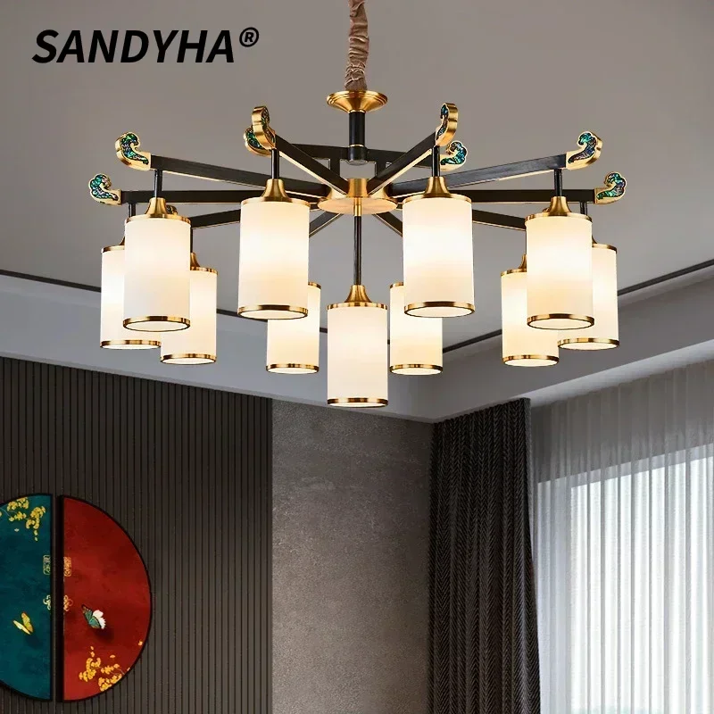SANDYHA American Style All Copper Pendant Lamp LED Light Living Room Dining Table Home Decoration