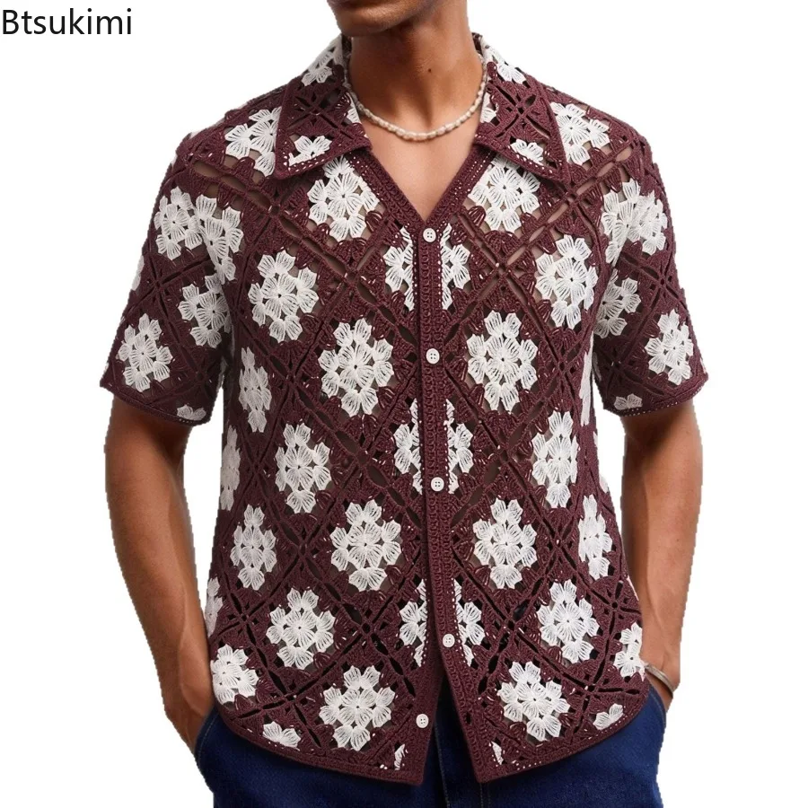 New Men's Crochet Floral Hollow Out Shirts Vintage Short Sleeve Loose Casual Knitted Polo Shirts Summer Retro Jacquart Cardigans