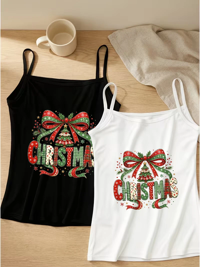 Women Christmas Tree Camisole Winter Tank Top Retro Ribbon Art Graphic Print Sleeveless Casual Tops for Club Party Top