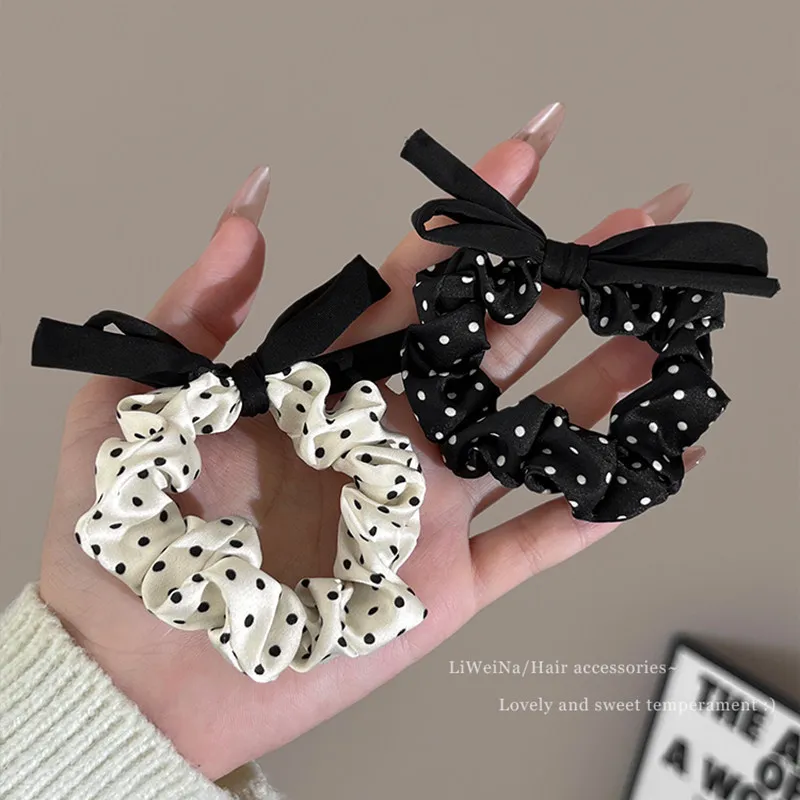 Korean Polka Dot Bow Scrunchie Hair Tie for WomenElastic Ponytail Holder for Bun & Pony, Cute Mini Hair Ring Hair Accessories