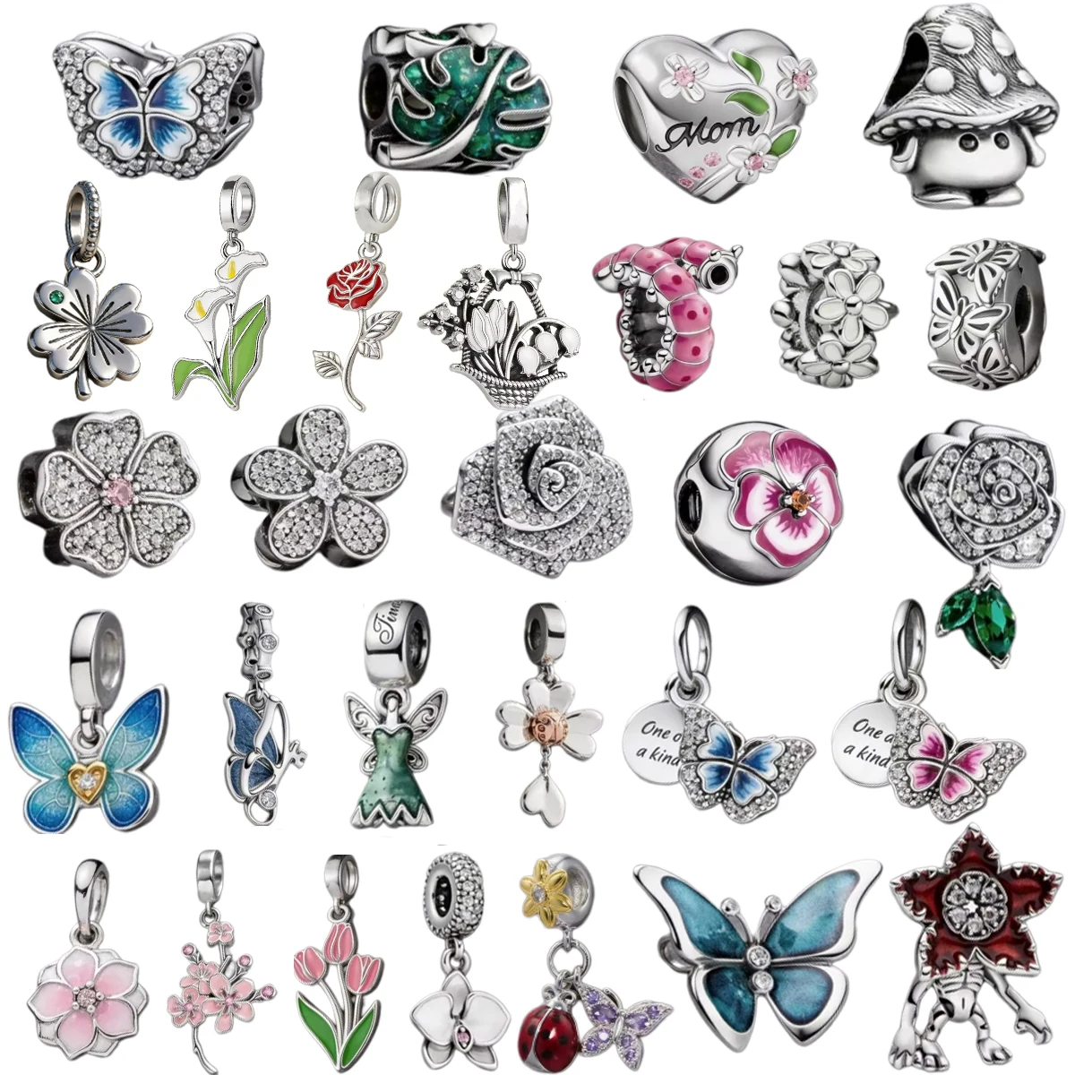 

New DlY Jewelry Gift Flower, Blue Butterfly, Ladybug Pendant Bead Accessory Compatible With Original European Silver Bracelet