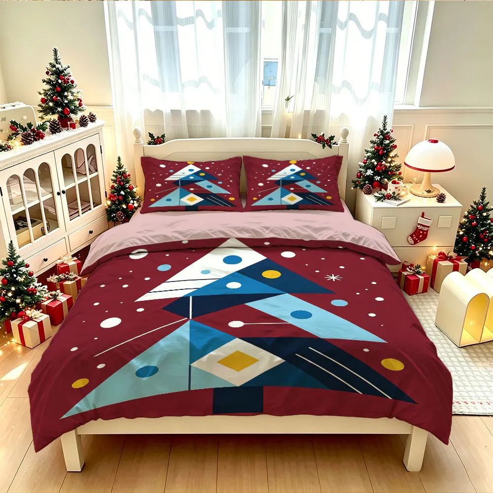 Christmas Duvet Cover Set 3Pcs Geometric Abstract Xmas Tree Red Blue Print Soft Microfiber Bedding Pillowcases