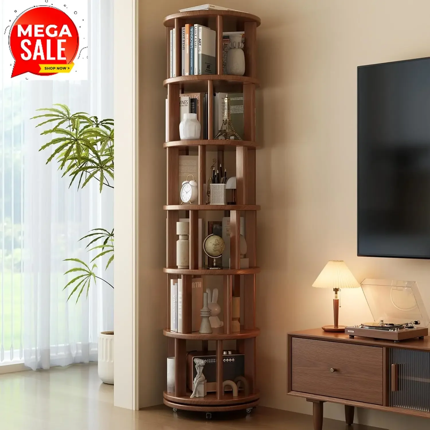 6 Tier Rotating Bookshelf Tower, Solid Wood Bookshelf on Wheels, Circular Book Shelf Rotating, Revolving Bookcase for Small Spac
