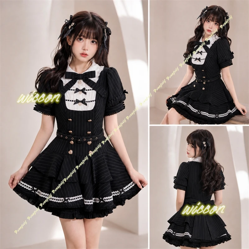 Vestido de cumpleaños con estampado de rayas japonesas, estilo lolita, con estampado de cuadros, lazo con pedrería, estilo kawaii, estilo gótico, pantalones cortos YK, vestido con motivos de pastel, camisa de manga corta con botones, para Halloween.