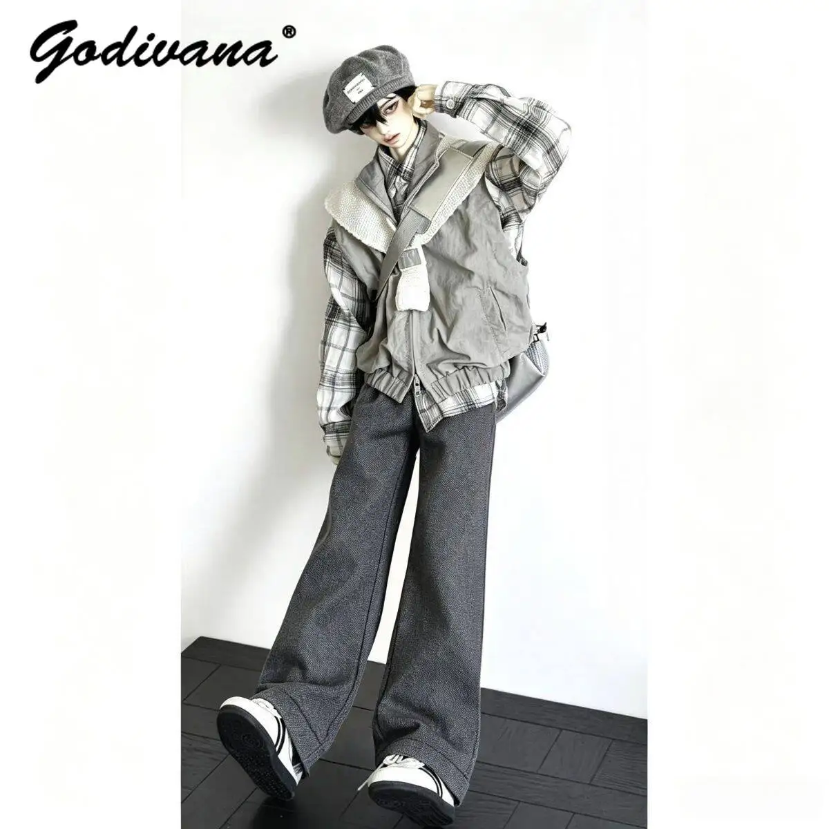 1/4 1/6 BJD Doll Dark Grey Loose Wide Leg Trousers Retro Streetwear Jacquard Straight Flare Pants for BJD Doll Casual Outfit