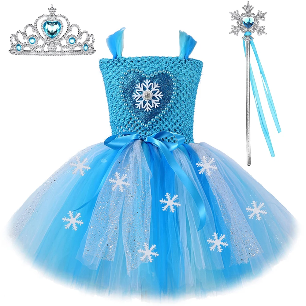 Sparkly Elsa Princess Dresses for Girls Snow Queen Ballet Tutus Kids Halloween Christmas Costume Girl Snowflakes Birthday Outfit