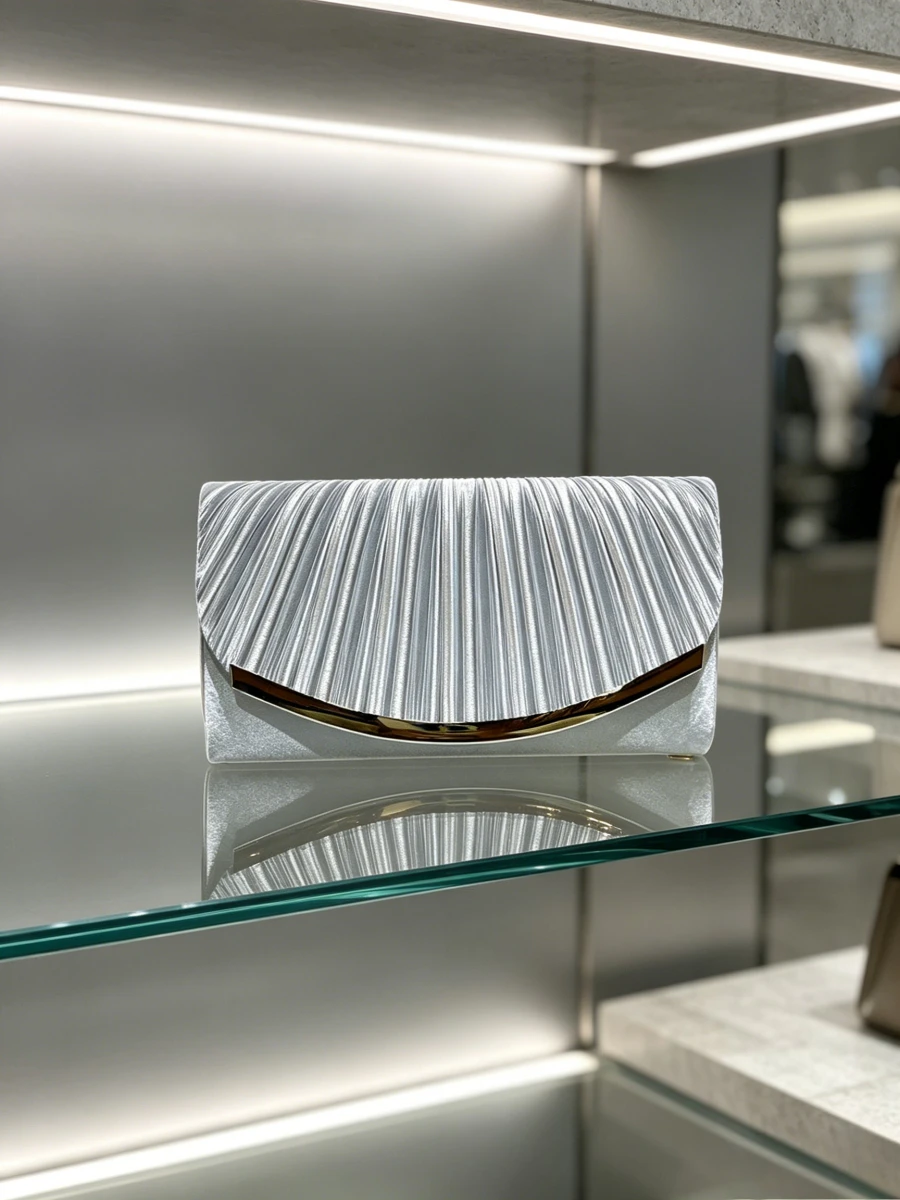Smooth Silver Pleated Satin Envelope Evening Clutch Bag With Gold Metal Trim Minimalist Formal Dinner Hand Purse For Middle Aged