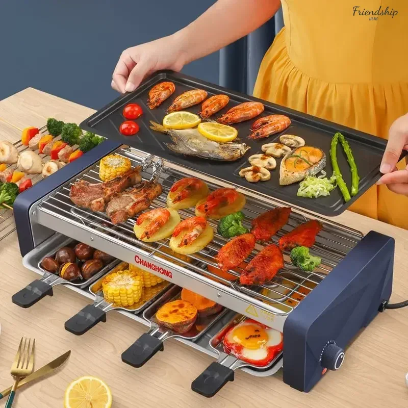 

New electric barbecue. Electric grill pan. For home. Multifunctional for barbecue and kebabs. Indoor use.