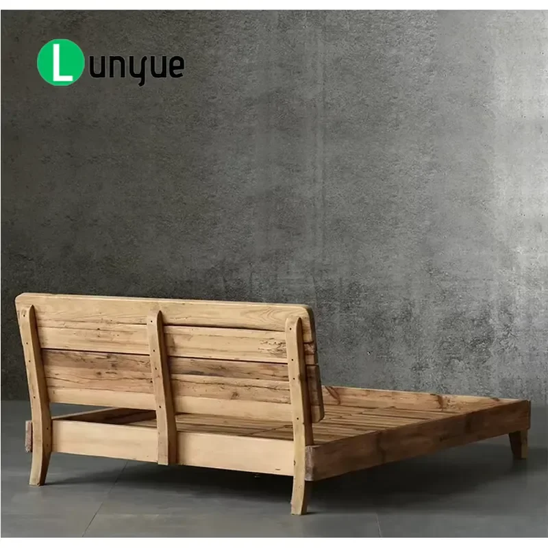 Antique Chinese Style Bed Frame Farmhouse Wooden Bedstead Vintage Design Solid Wood Platform Bed for Bedroom Home Decor