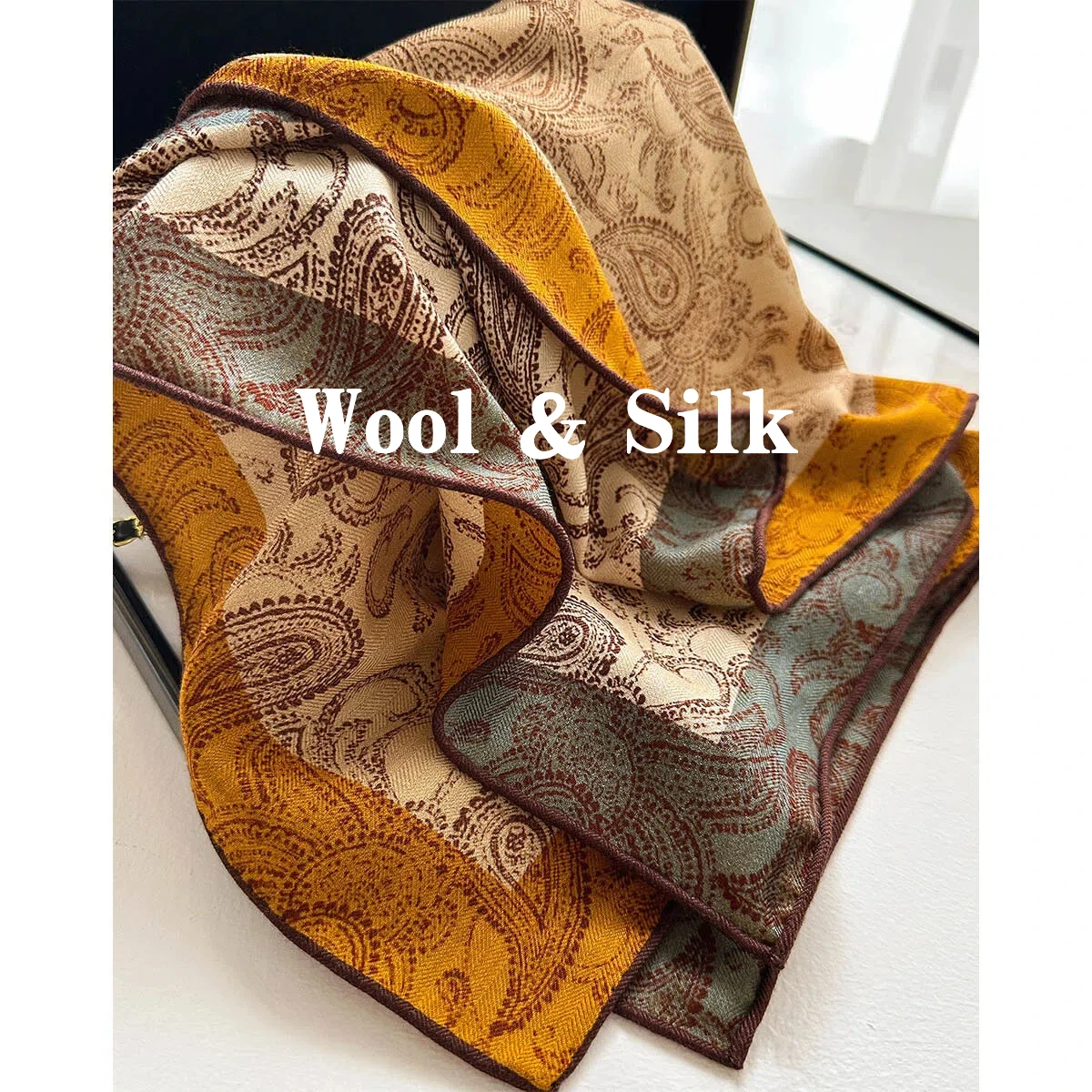 

82% Wool 18% Real Silk Scarf Women Shawls Wraps Foulard Ethnic Paisley Pattern Scarves Silk Wool Neck Scarves Female Hijab