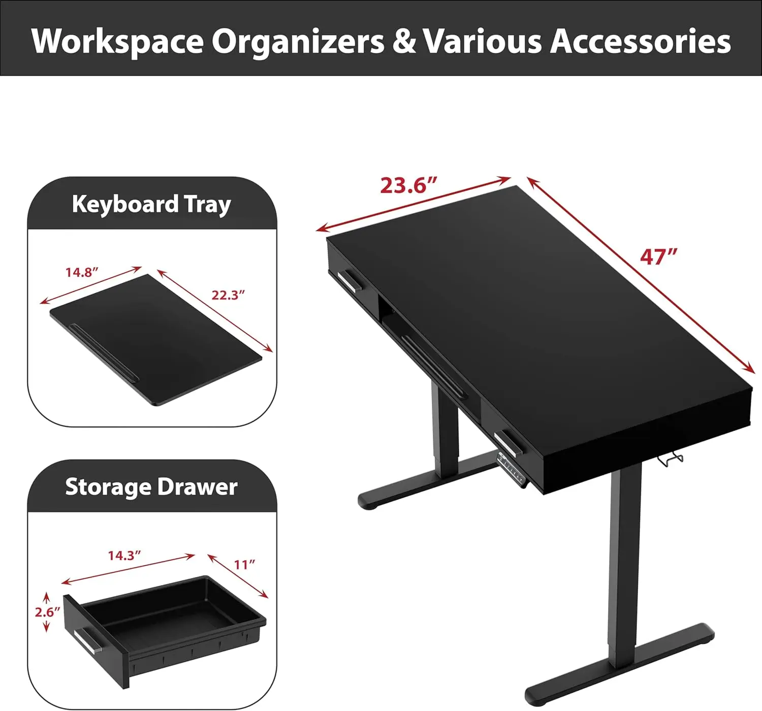 YSHW 48-Inch Electric Height Adjustable Desk with Keyboard Tray and Two Drawers, Black