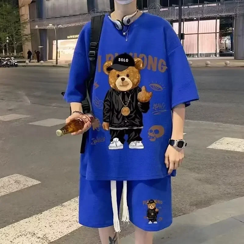 2024 Summer Man Tracksuit Cartoon Streetwear Hip Hop Rock Casual Short Suit Cool Bear Printed Waffle T Shirts Shorts 2 Piece Set