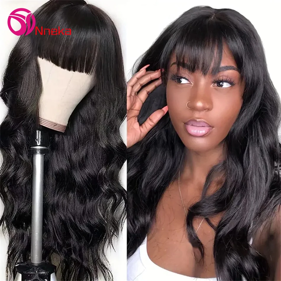 200% Density Brazilian Hair Body Wave Wig With Bangs 3x1 Lace Front Wig Full Machine Made Natural Color Human Hair For Women