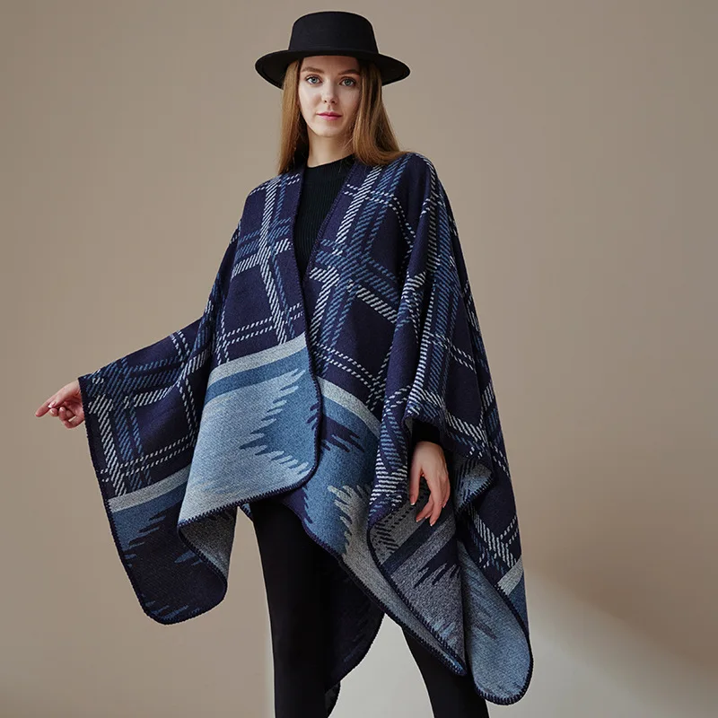 Nordic Retro White Print Poncho Cardigan Faux Cashmere Women Shawl Scarf Jackets Tie-dye Black Blanket Cape Pashmina Claok Coats