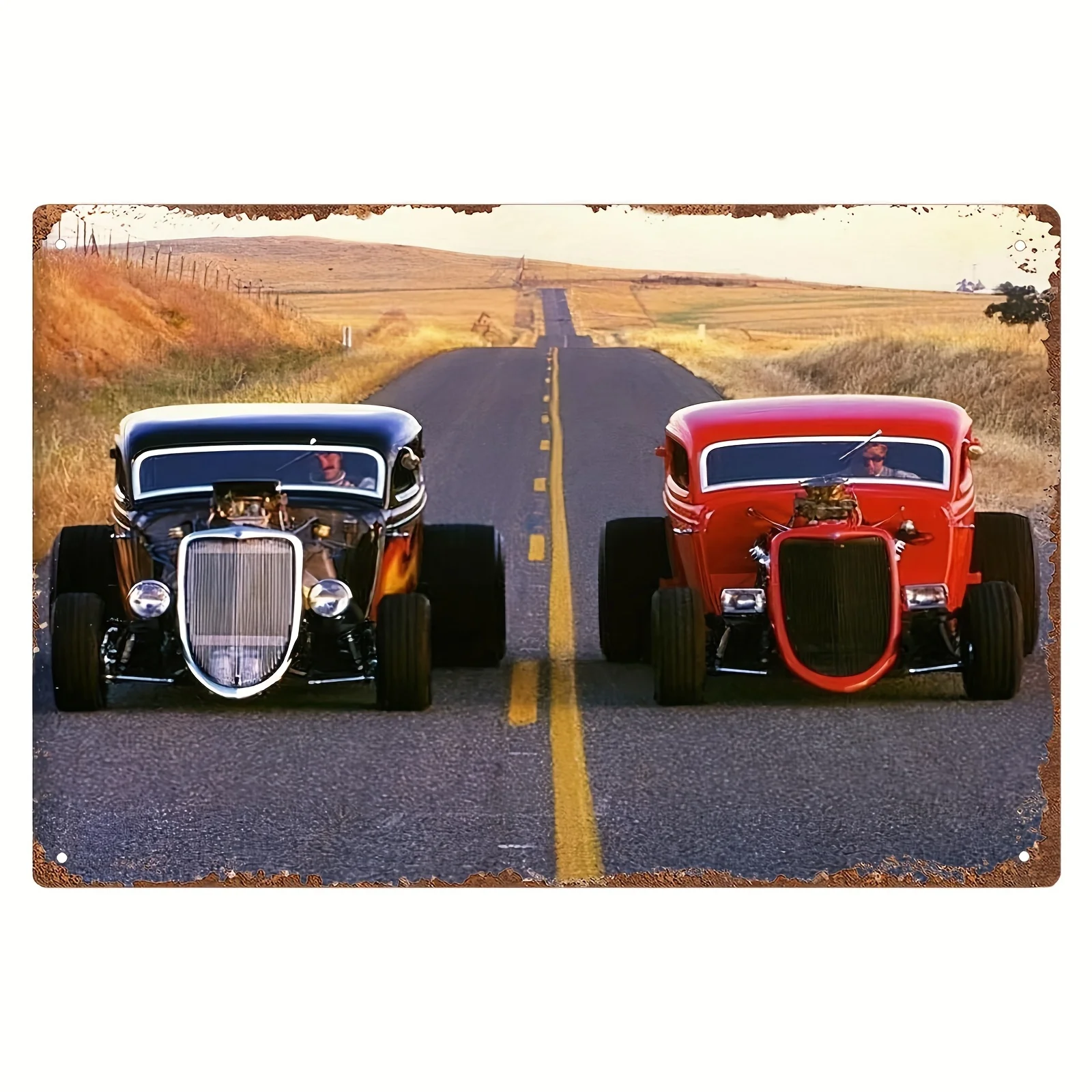 Vintage Hot Rod Metal Mural - , Durable Tin Signage with Classic Car Trim, Waterproof & Rainproof, Pre-Cast Holes for Easy Wall