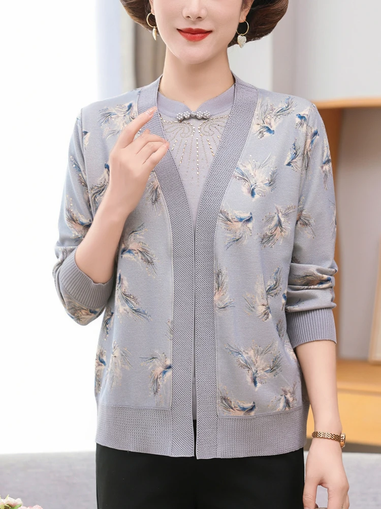 

Two Pieces Sets Sweater Women Autumn Spring Mother Sweater Casual Chinese Style Print Pull Femme Short Sleeve Top + Cardigans