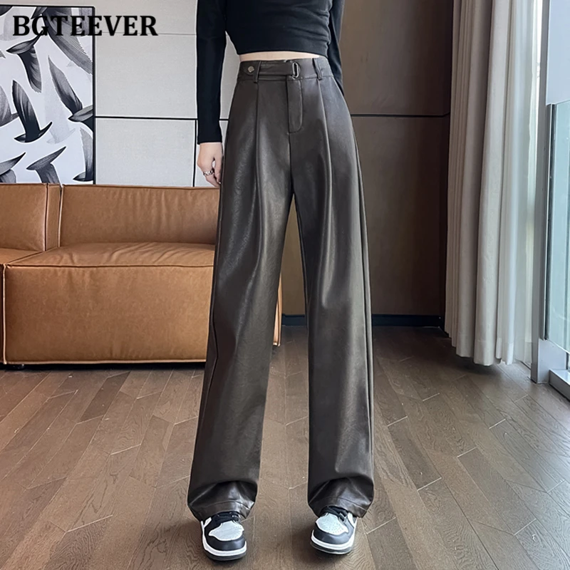 BGTEEVER Stylish Ladies PU Leather Spring Straight Women Trousers Pockets Female Wide Leg Pants