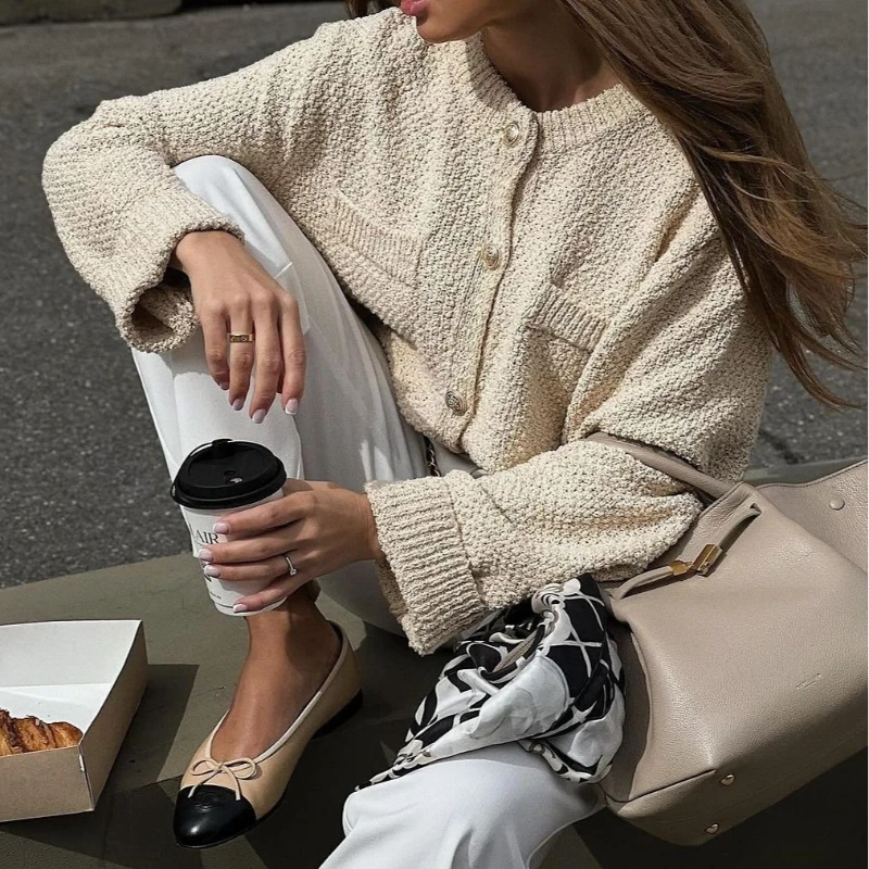 Retro Fake Pocket Knitted New Cardigan Sweater Long Sleeved Casual Jacket for Women