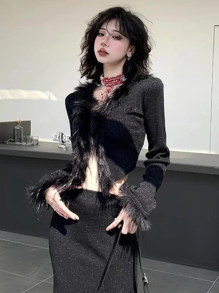 Y2K Grunge Black Cropped Cardigan Women Korean Elegant Fur Knitted Sweater Luxury V-neck Slim Fit Tops Harajuku Vintage