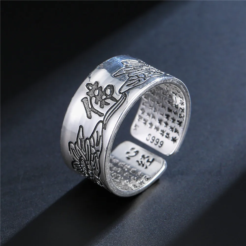 Newly launch popular vintage six-character motto engraved ring, suitable for both men and women, with an open design finger ring