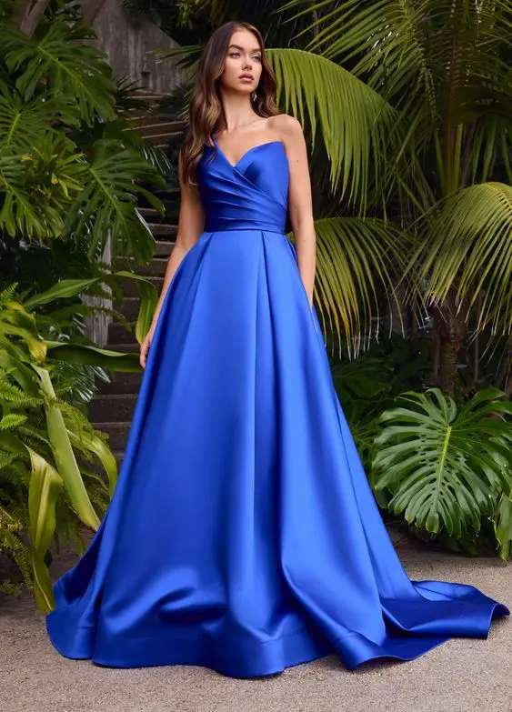 Royal Blue Evening Dresses Satin One Shoulder Pleats A Line Long Prom Gowns Special Occasion Women Formal Party Simple Dresses