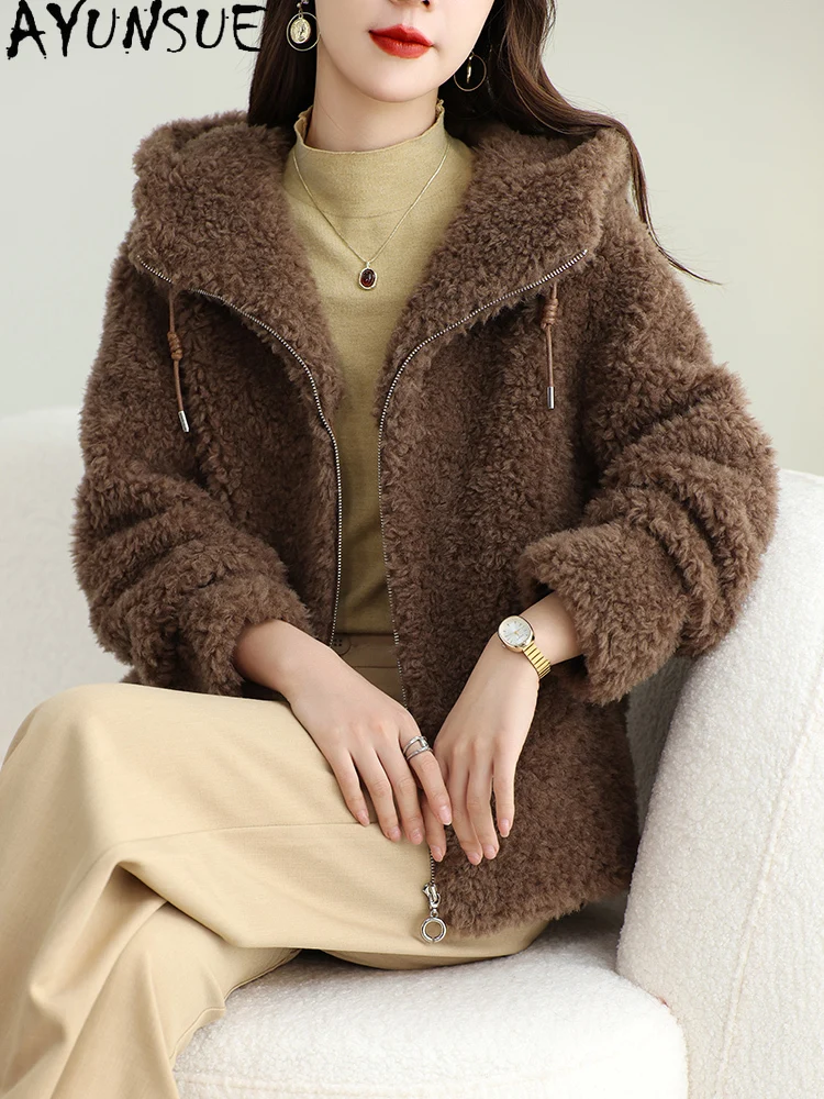 AYUNSUE Płaszcz damski ze 100% wełny, kurtka z kapturem z owczej wełny, jesienno-zimowe ubrania damskie, nowości w kategorii płaszczy, płaszcz damski z kompozytowego futra