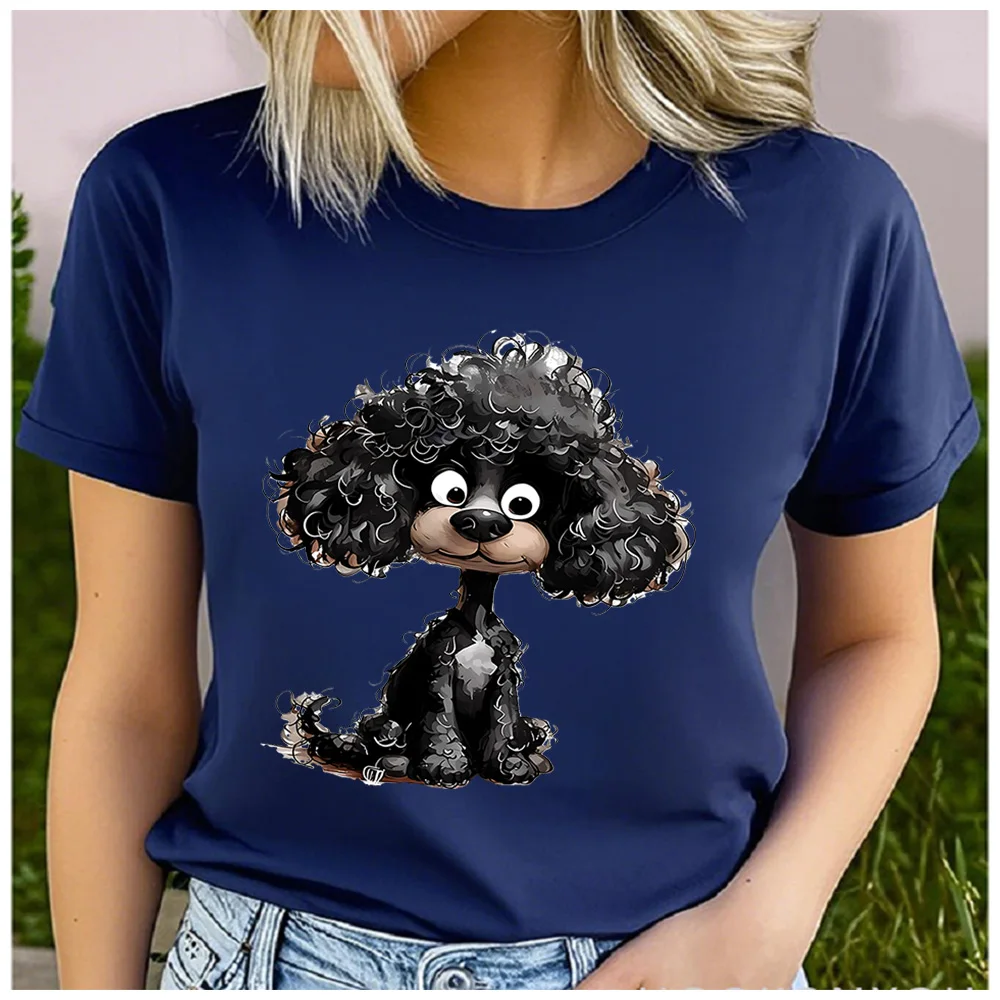 Cotton 100% Cartoon Sitting Black Poodle Print T Shirt Women Lovely Poodle Dog Owner Casual Daily Basic Short Sleeve Top