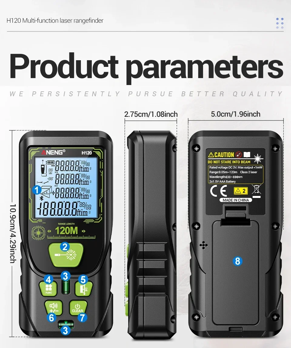 ANENG H120 Digitaler Laser-Entfernungsmesser Hohe Präzision ±3mm Tragbarer Mini-Laser-Messgerät 0,05m~120m Fläche/Volumen Multifunktions-Tester – Detail 12